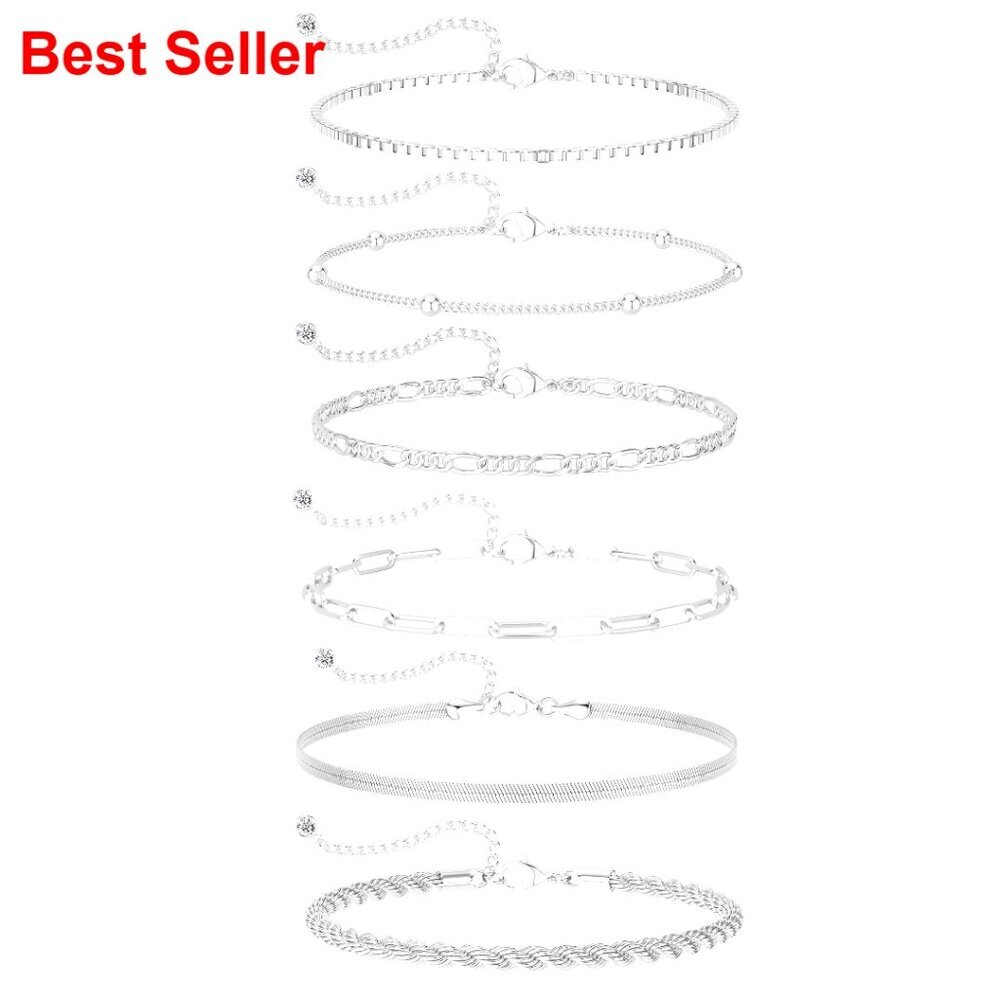 Silver Plated Bracelets Set, 6-Piece Layering Pack with Extender